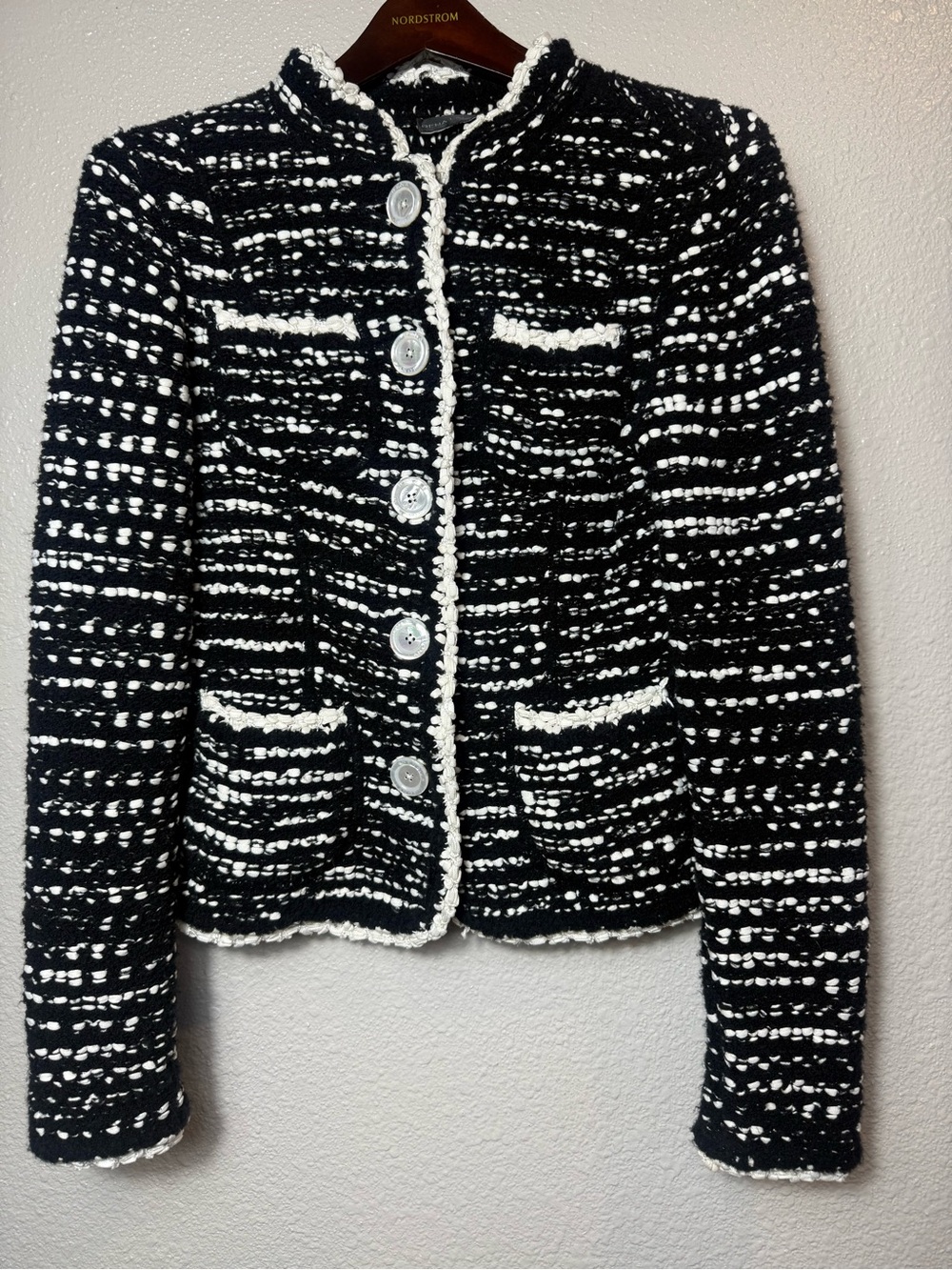 Rena Lange Bouclé Knit Sweater Jacket Black Ivory 4 Pocket Logo Buttons Size S